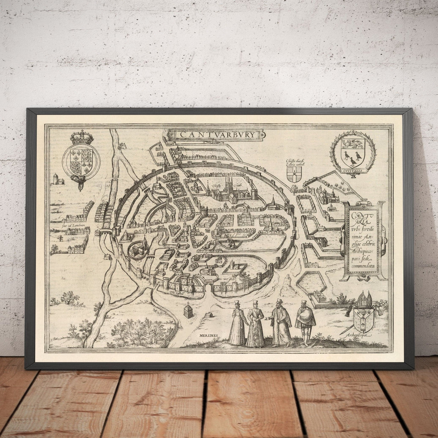 Old Map of Canterbury 1588 by Georg Braun - Castle, Cathedral, Church, City Walls