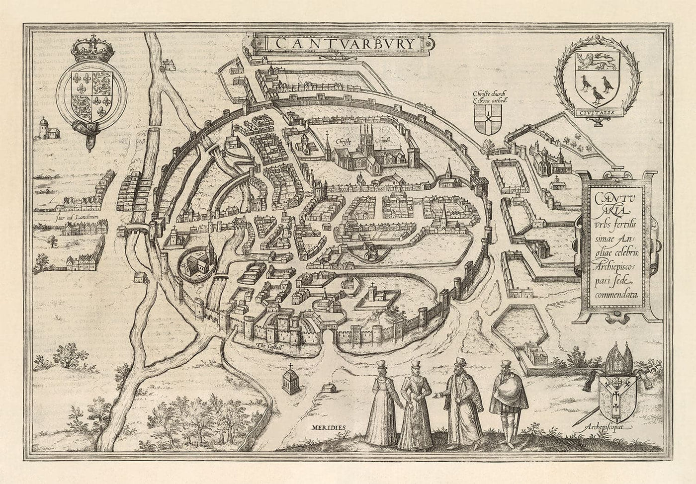 Old Map of Canterbury 1588 by Georg Braun - Castle, Cathedral, Church, City Walls