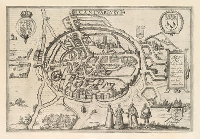 Old Map of Canterbury 1588 by Georg Braun - Castle, Cathedral, Church, City Walls