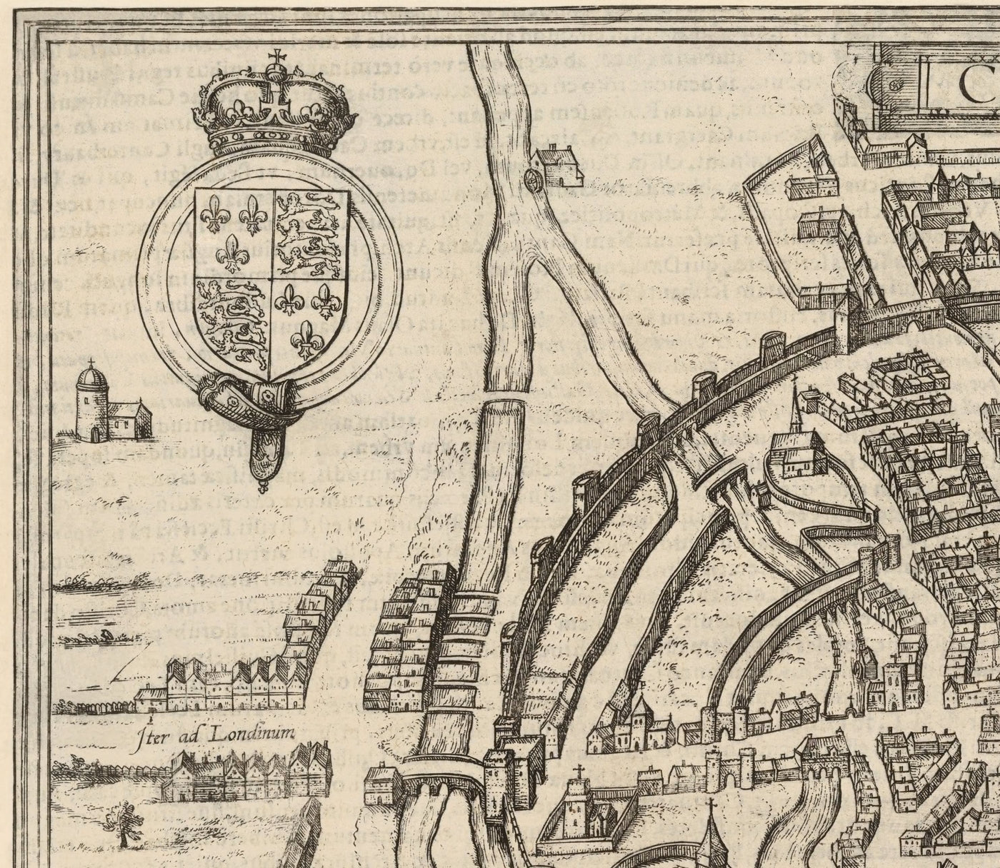 Old Map of Canterbury 1588 by Georg Braun - Castle, Cathedral, Church, City Walls