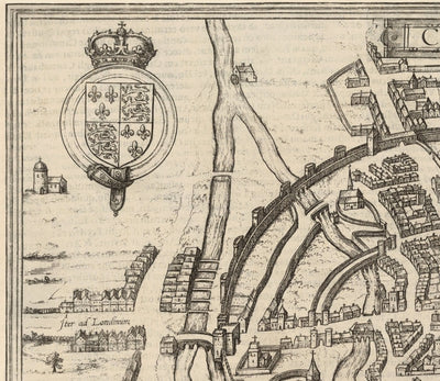 Old Map of Canterbury 1588 by Georg Braun - Castle, Cathedral, Church, City Walls