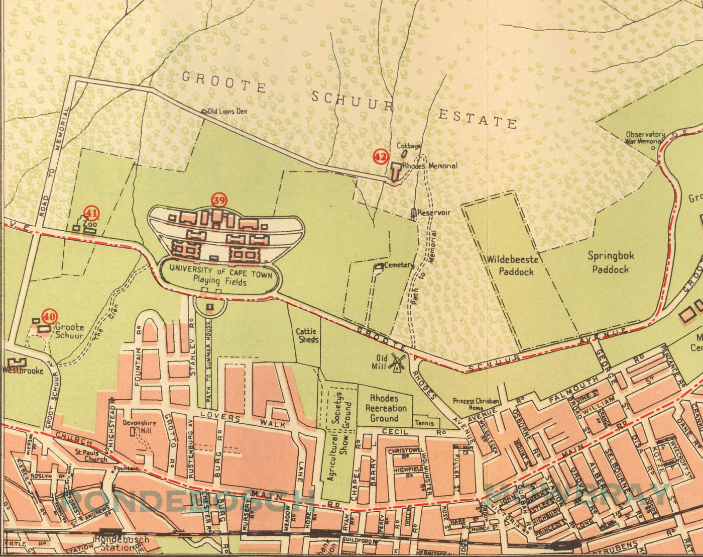 Antiguo mapa de Ciudad del Cabo, 1935 por los Ferrocarriles Sudafricanos - Ciudad Madre, Clifton, Camp Bay, Sea Point