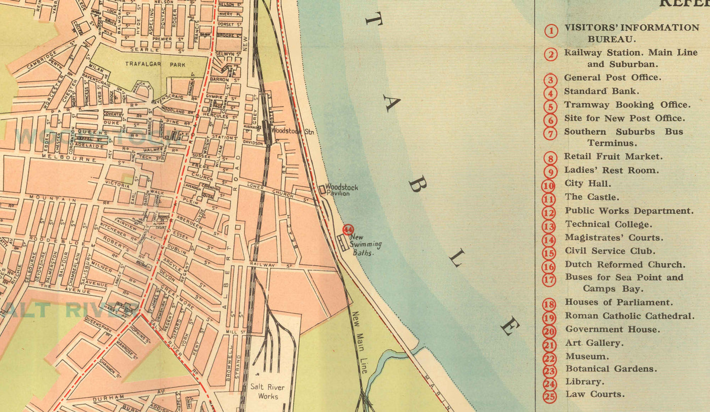 Antiguo mapa de Ciudad del Cabo, 1935 por los Ferrocarriles Sudafricanos - Ciudad Madre, Clifton, Camp Bay, Sea Point