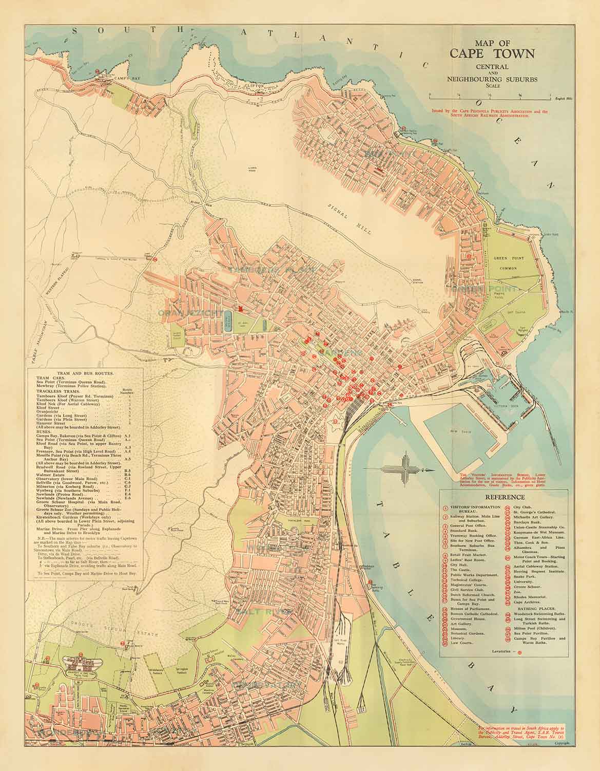 Antiguo mapa de Ciudad del Cabo, 1935 por los Ferrocarriles Sudafricanos - Ciudad Madre, Clifton, Camp Bay, Sea Point