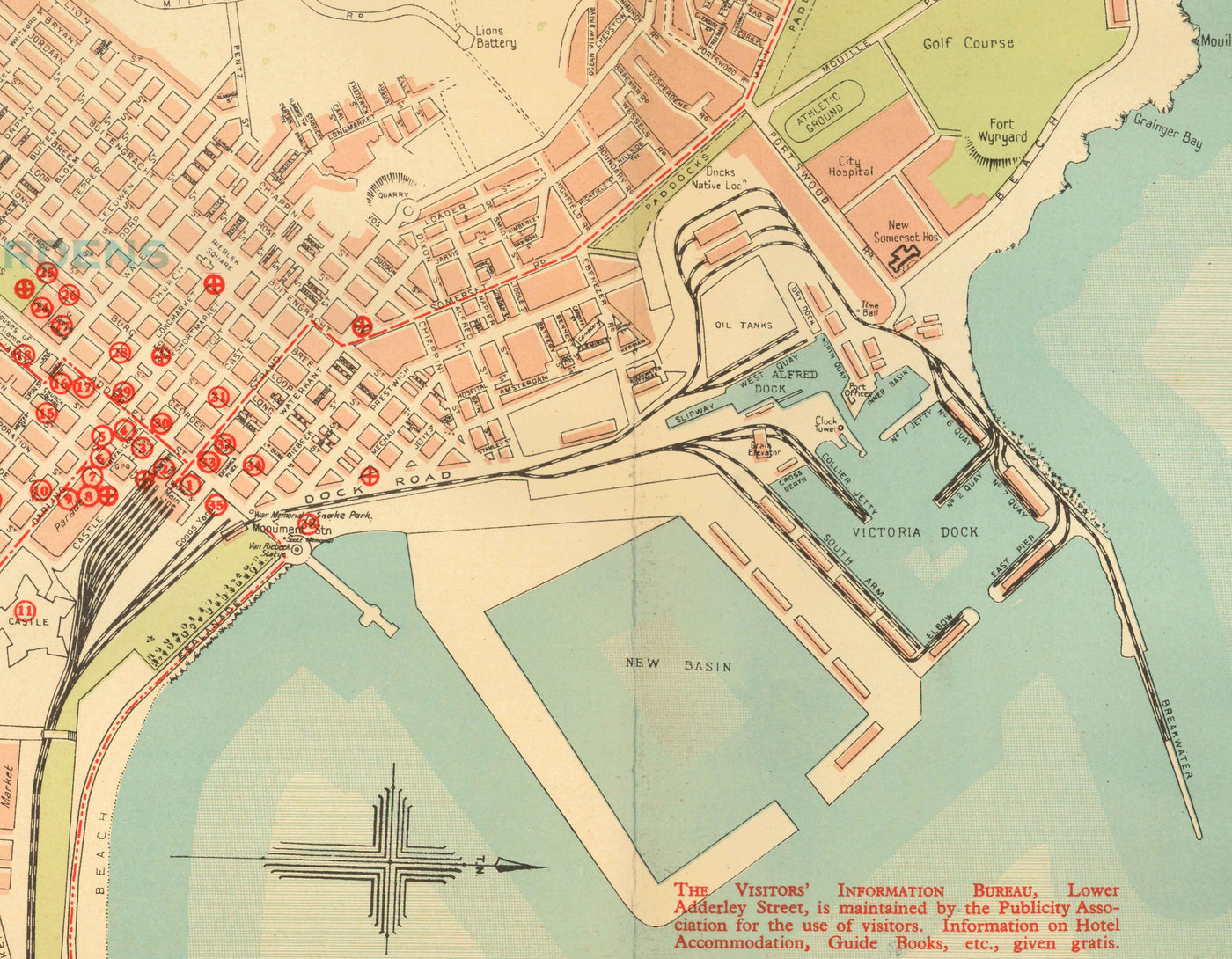 Antiguo mapa de Ciudad del Cabo, 1935 por los Ferrocarriles Sudafricanos - Ciudad Madre, Clifton, Camp Bay, Sea Point