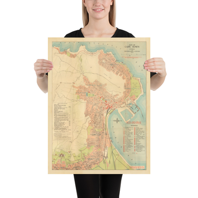 Antiguo mapa de Ciudad del Cabo, 1935 por los Ferrocarriles Sudafricanos - Ciudad Madre, Clifton, Camp Bay, Sea Point