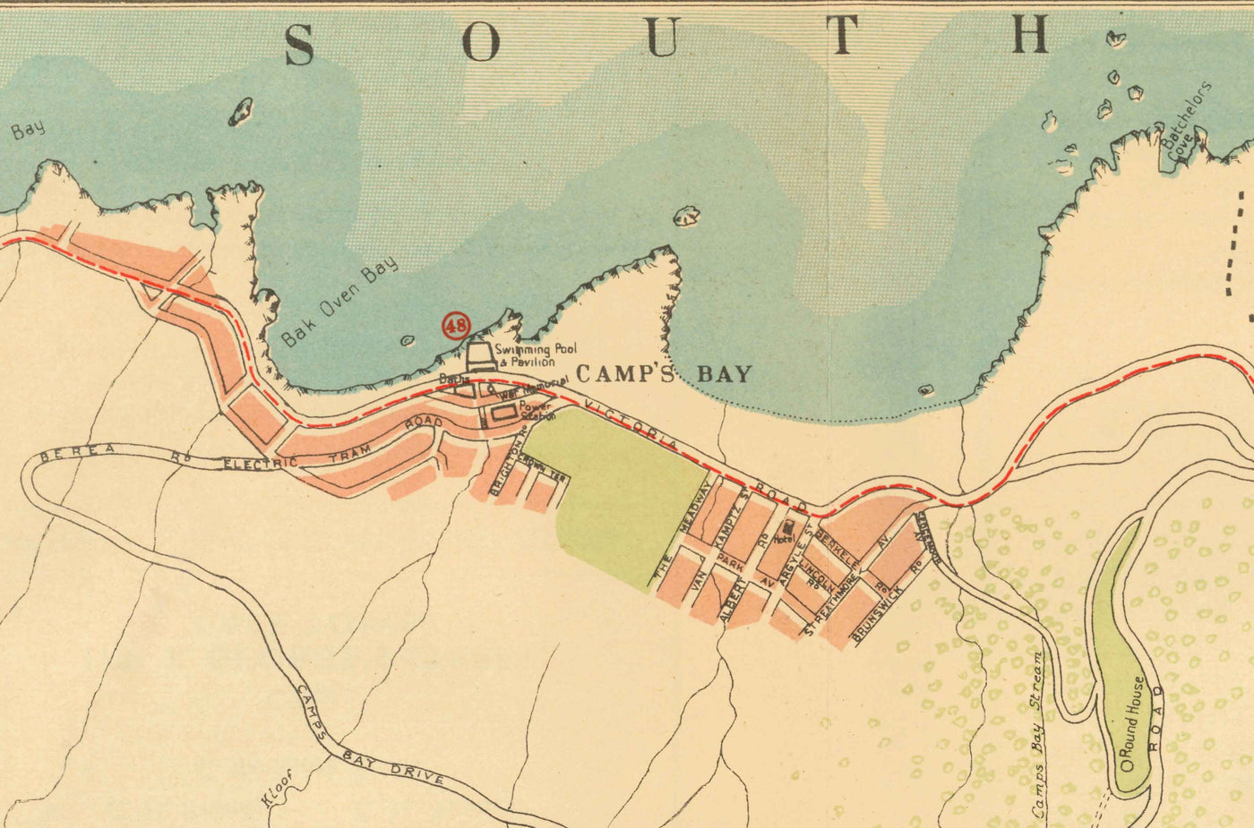 Antiguo mapa de Ciudad del Cabo, 1935 por los Ferrocarriles Sudafricanos - Ciudad Madre, Clifton, Camp Bay, Sea Point