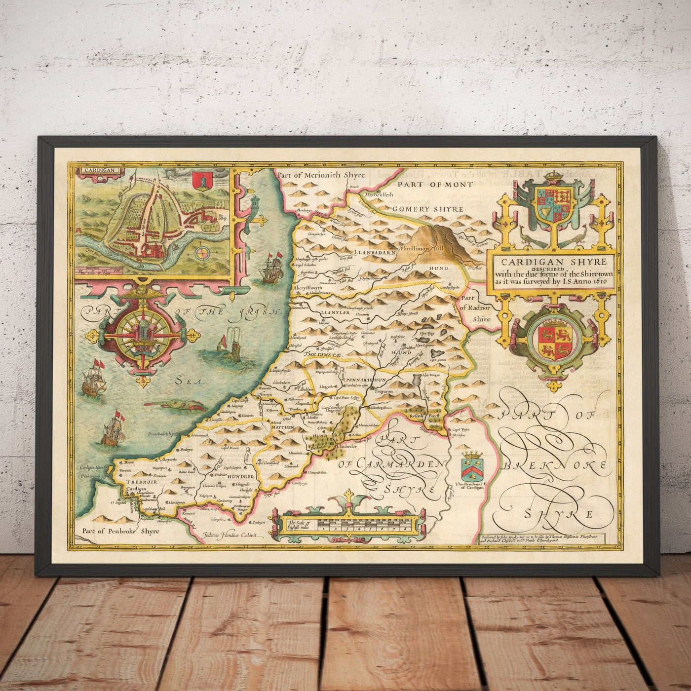 Mapa antiguo de Ceredigion Wales, 1611 por John Speed ​​- Cardiganshire, Aberystwyth, Cardigan