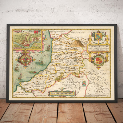 Mapa antiguo de Ceredigion Wales, 1611 por John Speed ​​- Cardiganshire, Aberystwyth, Cardigan