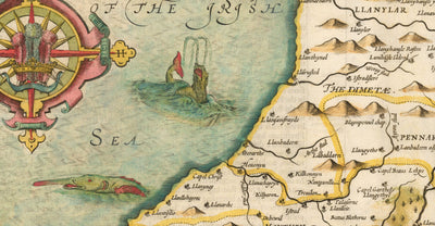 Mapa antiguo de Ceredigion Wales, 1611 por John Speed ​​- Cardiganshire, Aberystwyth, Cardigan