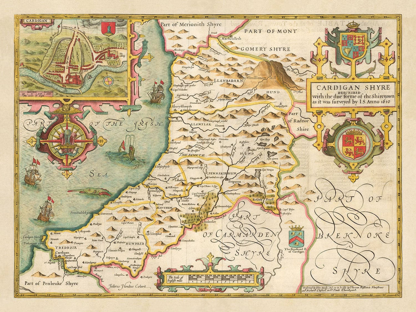Mapa antiguo de Ceredigion Wales, 1611 por John Speed ​​- Cardiganshire, Aberystwyth, Cardigan