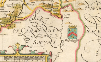 Mapa antiguo de Ceredigion Wales, 1611 por John Speed ​​- Cardiganshire, Aberystwyth, Cardigan