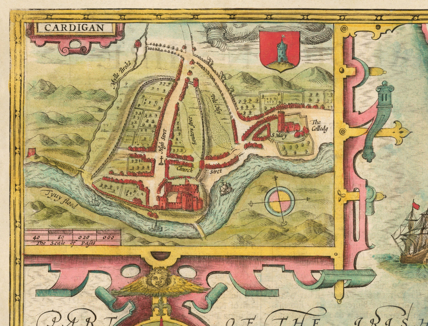 Mapa antiguo de Ceredigion Wales, 1611 por John Speed ​​- Cardiganshire, Aberystwyth, Cardigan