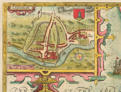 Mapa antiguo de Ceredigion Wales, 1611 por John Speed ​​- Cardiganshire, Aberystwyth, Cardigan