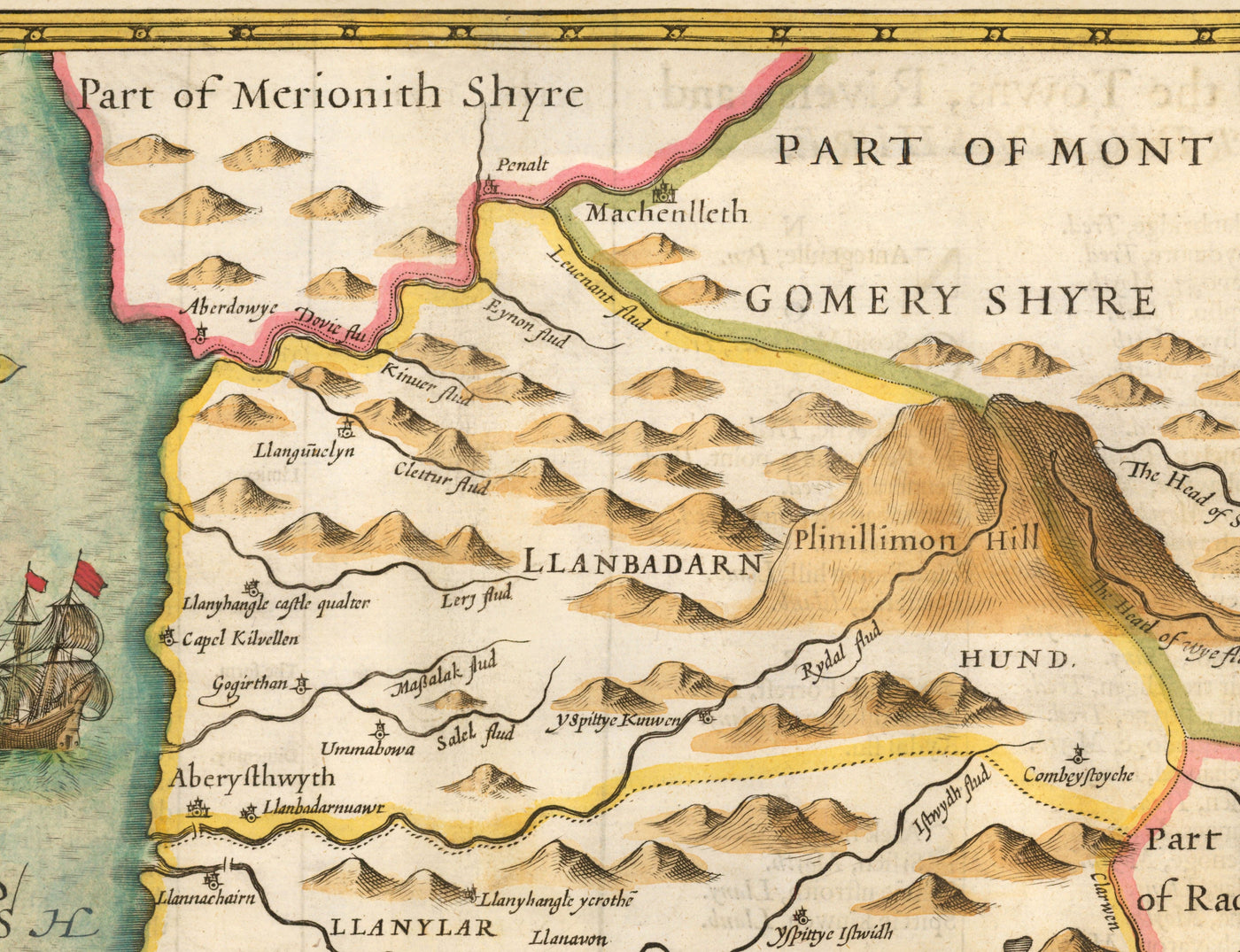 Mapa antiguo de Ceredigion Wales, 1611 por John Speed ​​- Cardiganshire, Aberystwyth, Cardigan