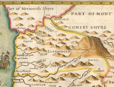 Mapa antiguo de Ceredigion Wales, 1611 por John Speed ​​- Cardiganshire, Aberystwyth, Cardigan