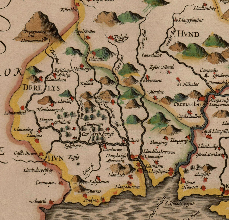 Mappa antica del Carmarthenshire in Galles, 1611 di John Speed - Carmarthen, Llanelli, Llandovery 