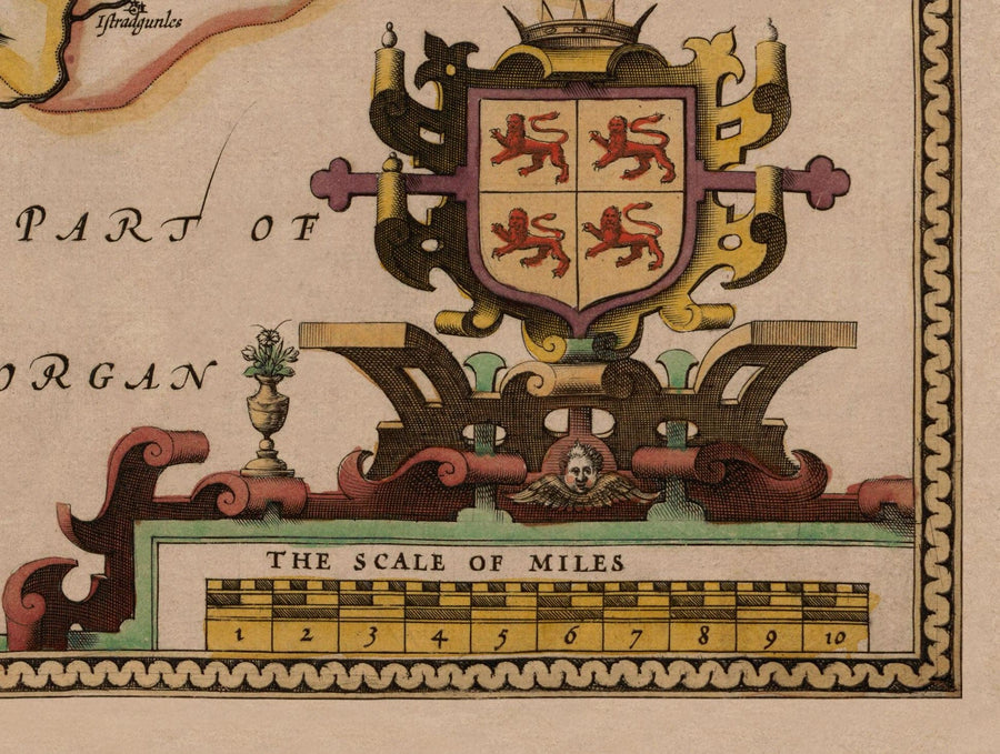 Mappa antica del Carmarthenshire in Galles, 1611 di John Speed - Carmarthen, Llanelli, Llandovery 