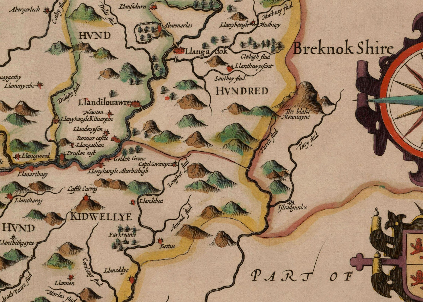 Alte Karte von Carmarthenshire Wales, 1611 von John Speed - Carmarthen, Llanelli, Llandovery 