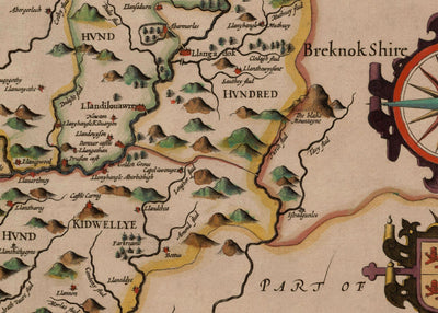 Alte Karte von Carmarthenshire Wales, 1611 von John Speed - Carmarthen, Llanelli, Llandovery 