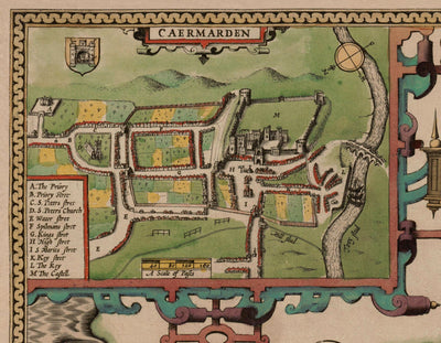 Alte Karte von Carmarthenshire Wales, 1611 von John Speed - Carmarthen, Llanelli, Llandovery 
