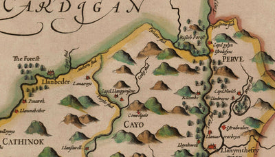 Alte Karte von Carmarthenshire Wales, 1611 von John Speed - Carmarthen, Llanelli, Llandovery 