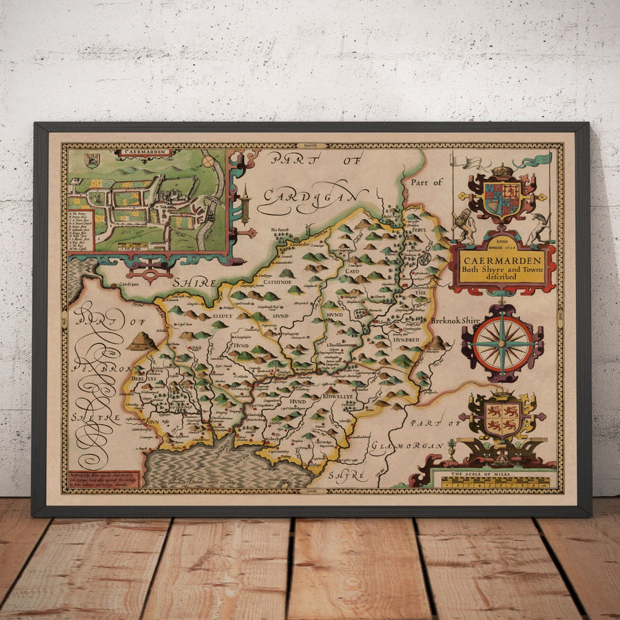 Mappa antica del Carmarthenshire in Galles, 1611 di John Speed - Carmarthen, Llanelli, Llandovery 