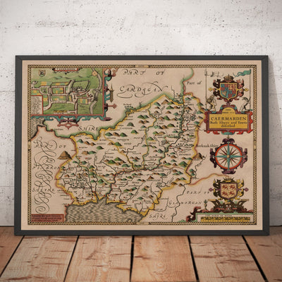 Alte Karte von Carmarthenshire Wales, 1611 von John Speed - Carmarthen, Llanelli, Llandovery 