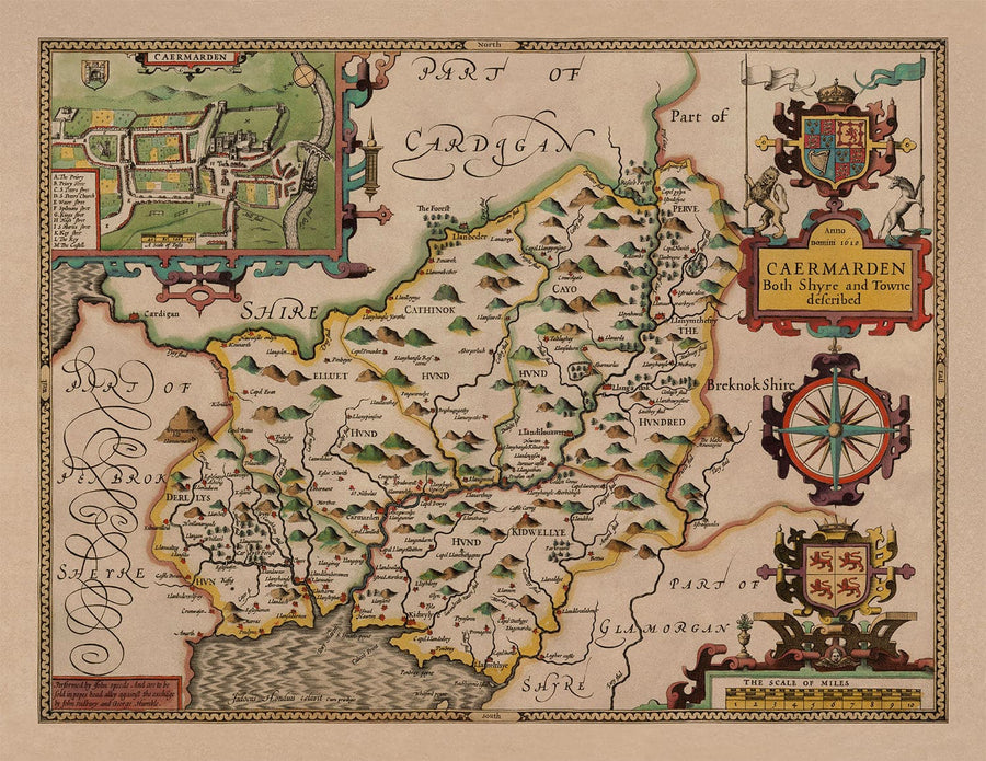 Mappa antica del Carmarthenshire in Galles, 1611 di John Speed - Carmarthen, Llanelli, Llandovery 