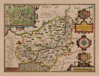 Alte Karte von Carmarthenshire Wales, 1611 von John Speed - Carmarthen, Llanelli, Llandovery 