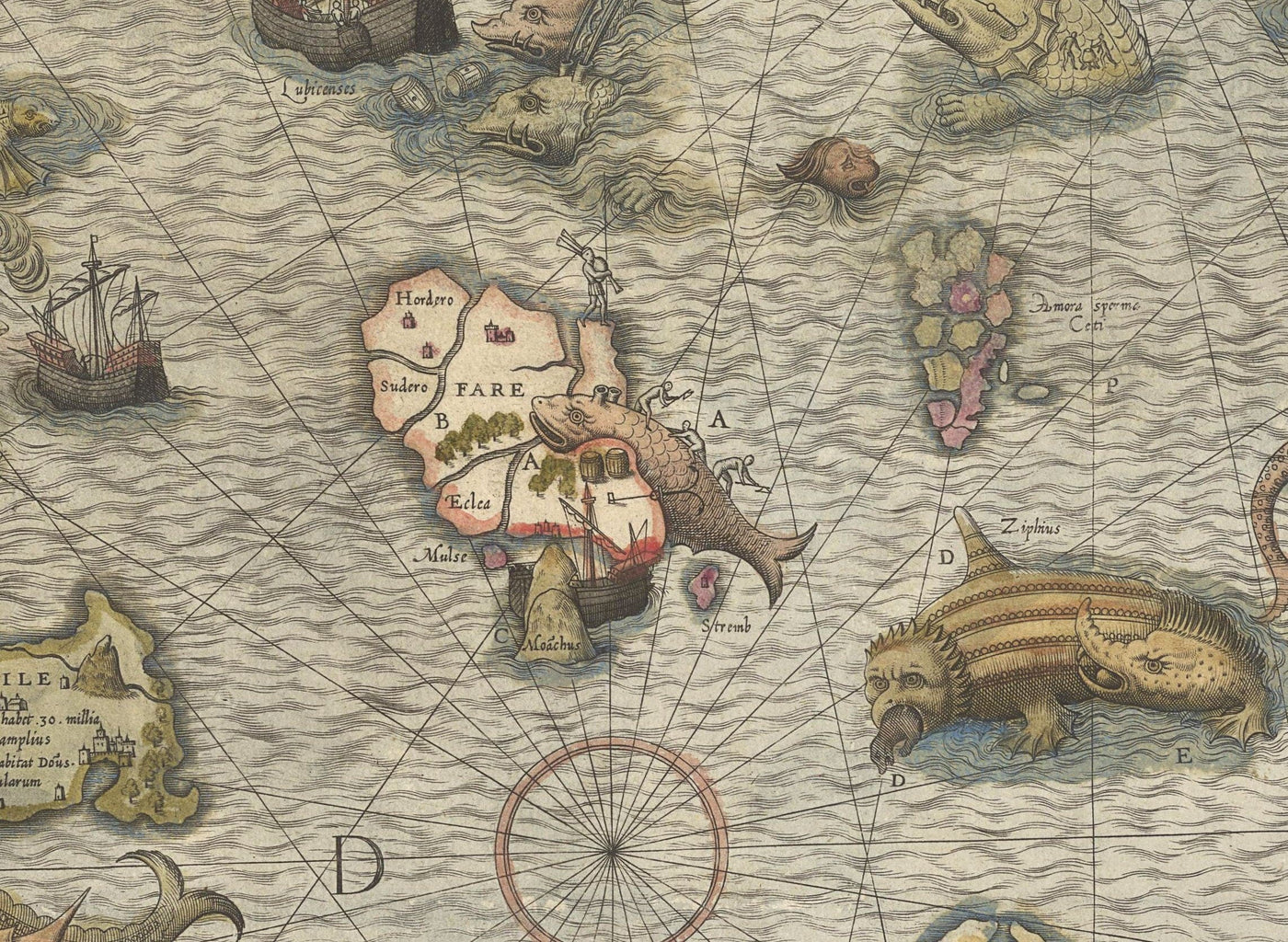 Old Map of Scandinavia, 1539 - Carta Marina by Olaus Magnus - Sea Monster Map - Nordic Countries Denmark, Sweden, Finland