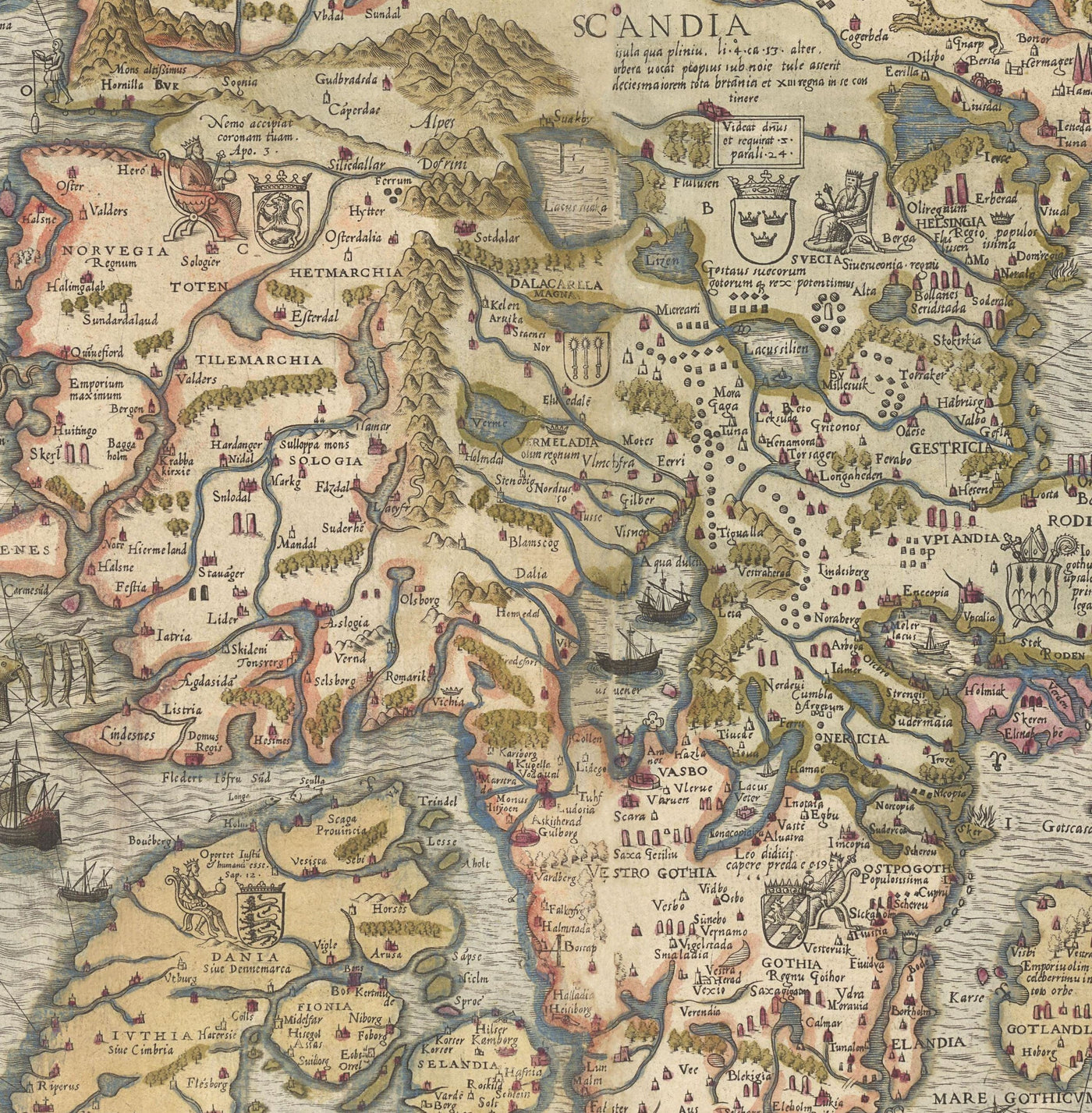 Old Map of Scandinavia, 1539 - Carta Marina by Olaus Magnus - Sea Monster Map - Nordic Countries Denmark, Sweden, Finland