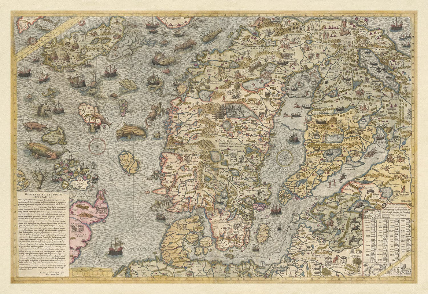 Old Map of Scandinavia, 1539 - Carta Marina by Olaus Magnus - Sea Monster Map - Nordic Countries Denmark, Sweden, Finland
