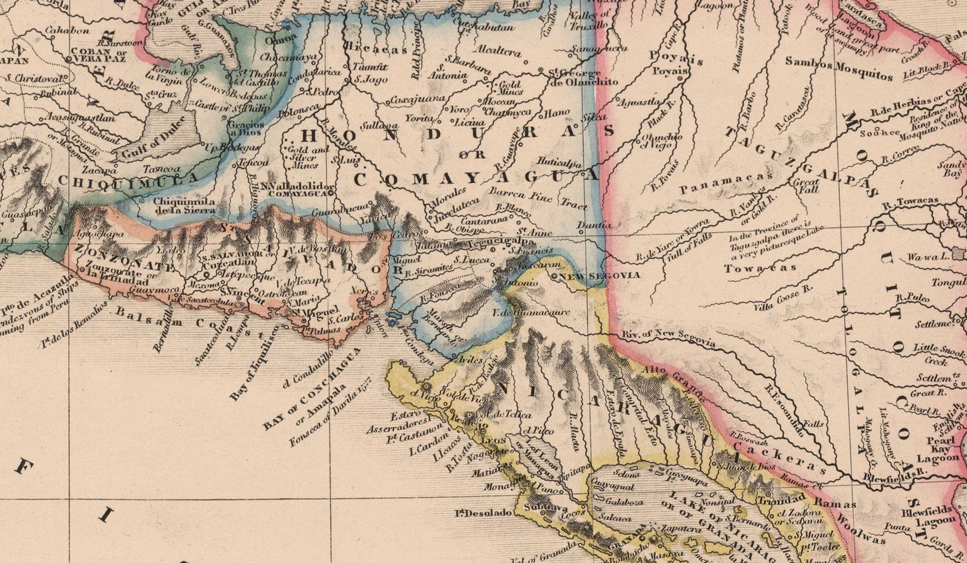 Alte Karte von Mittelamerika im Jahr 1864 von James Wyld - Mexiko, Honduras, Moskitoküste, Guatemala, Costa Rica 