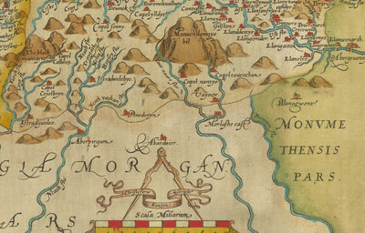 First Old Map of Central Wales in 1578 by Christopher Saxton - Powys, Ceredigion, Carmarthenshire, Aberystwyth, Cardigan