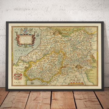 Première carte ancienne du centre du pays de Galles en 1578 par Christopher Saxton - Powys, Ceredigion, Carmarthenshire, Aberystwyth, Cardigan
