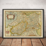 First Old Map of Central Wales in 1578 by Christopher Saxton - Powys, Ceredigion, Carmarthenshire, Aberystwyth, Cardigan