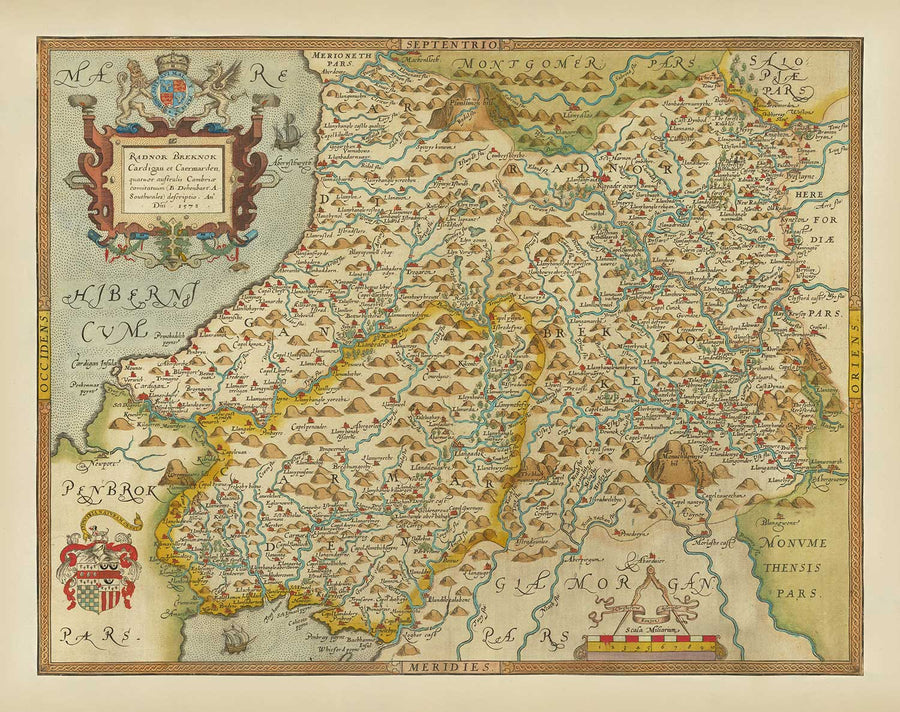 Prima mappa antica del Galles centrale nel 1578 di Christopher Saxton - Powys, Ceredigion, Carmarthenshire, Aberystwyth, Cardigan 