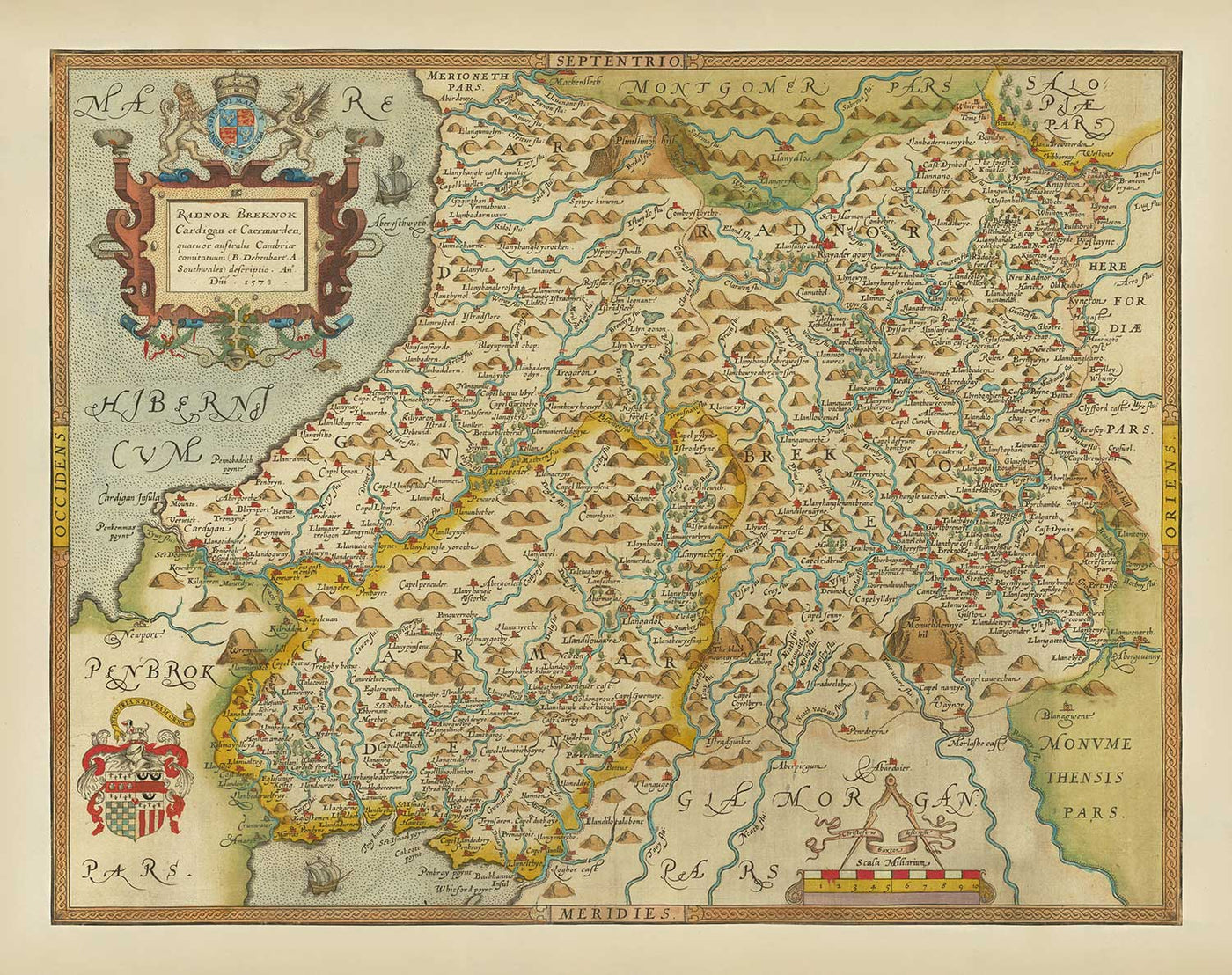 First Old Map of Central Wales in 1578 by Christopher Saxton - Powys, Ceredigion, Carmarthenshire, Aberystwyth, Cardigan