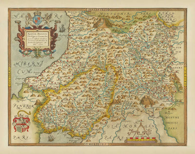 First Old Map of Central Wales in 1578 by Christopher Saxton - Powys, Ceredigion, Carmarthenshire, Aberystwyth, Cardigan