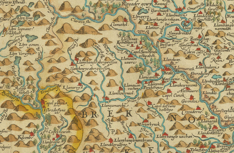 Prima mappa antica del Galles centrale nel 1578 di Christopher Saxton - Powys, Ceredigion, Carmarthenshire, Aberystwyth, Cardigan 