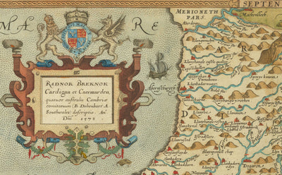 First Old Map of Central Wales in 1578 by Christopher Saxton - Powys, Ceredigion, Carmarthenshire, Aberystwyth, Cardigan