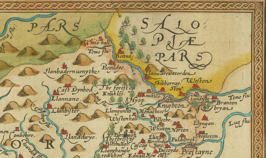 Prima mappa antica del Galles centrale nel 1578 di Christopher Saxton - Powys, Ceredigion, Carmarthenshire, Aberystwyth, Cardigan 