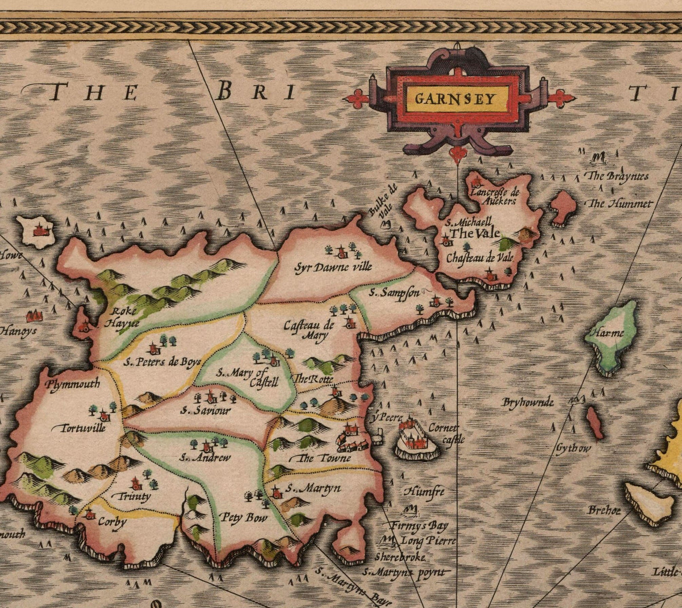 Alte Karte der Kanalinseln, 1611 von John Speed - Jersey, Guernsey, Farne-Inseln, Heilige Insel 