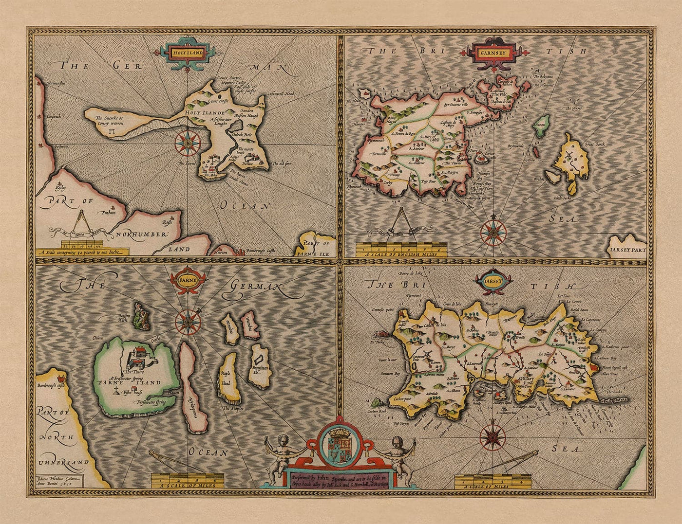 Alte Karte der Kanalinseln, 1611 von John Speed - Jersey, Guernsey, Farne-Inseln, Heilige Insel 