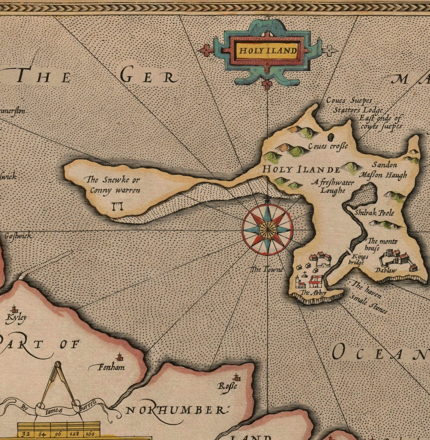 Alte Karte der Kanalinseln, 1611 von John Speed - Jersey, Guernsey, Farne-Inseln, Heilige Insel 