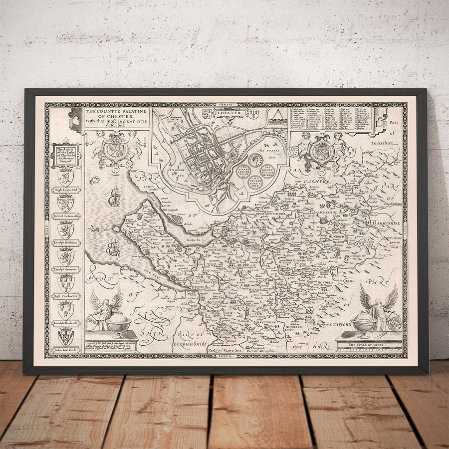Ancienne carte monochrome du Cheshire en 1611 - Chester, Warrington, Crewe, Runcorn, Liverpool, Wirral, Merseyside 