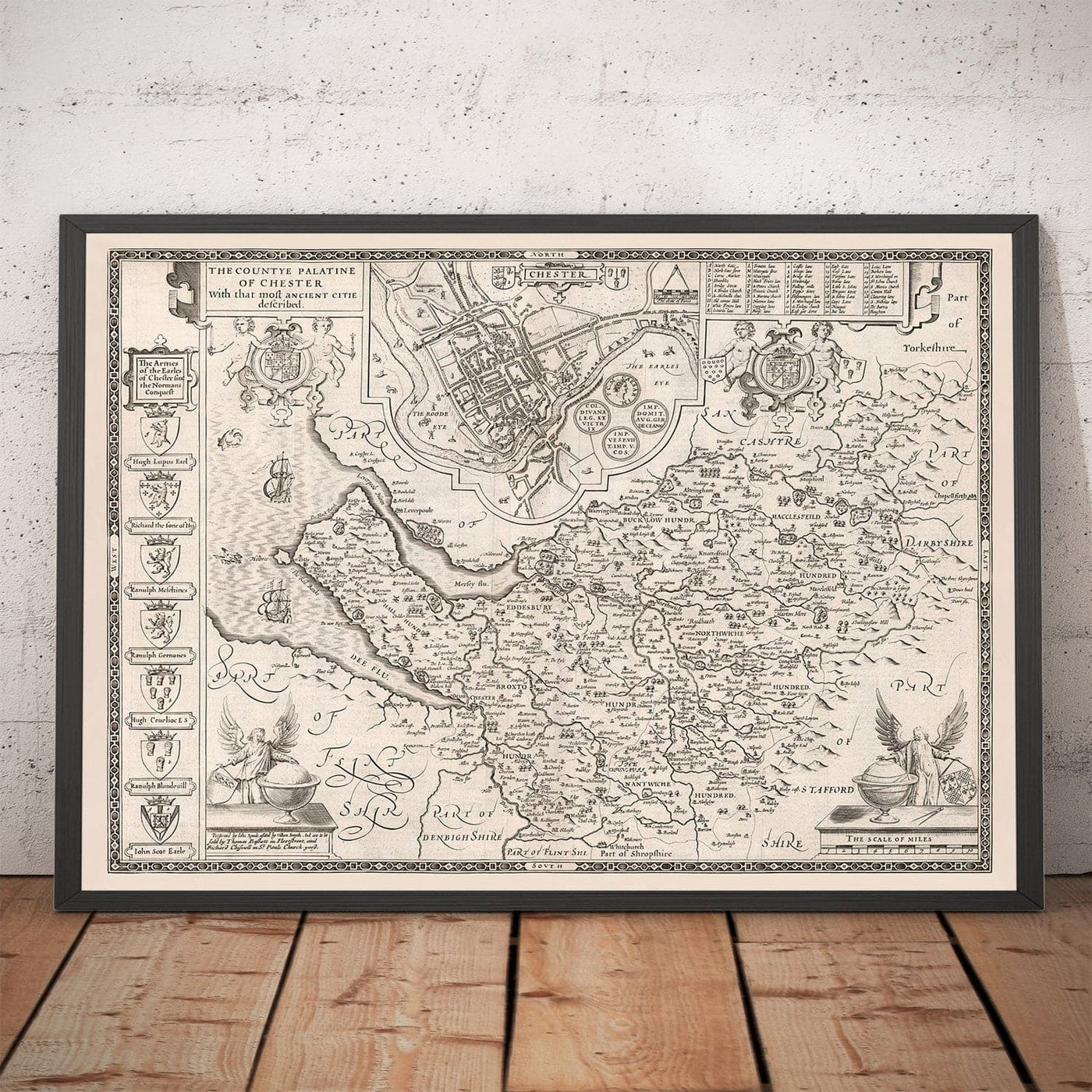 Old Monochrome Map of Cheshire in 1611 - Chester, Warrington, Crewe, Runcorn, Liverpool, Wirral, Merseyside