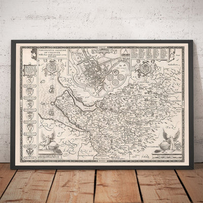 Old Monochrome Map of Cheshire in 1611 - Chester, Warrington, Crewe, Runcorn, Liverpool, Wirral, Merseyside