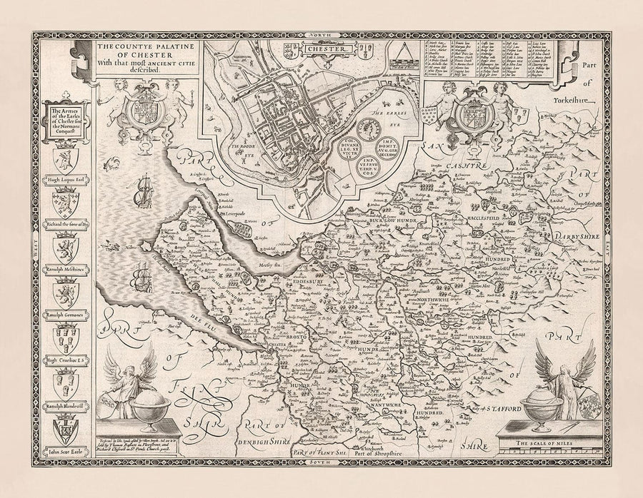 Ancienne carte monochrome du Cheshire en 1611 - Chester, Warrington, Crewe, Runcorn, Liverpool, Wirral, Merseyside 